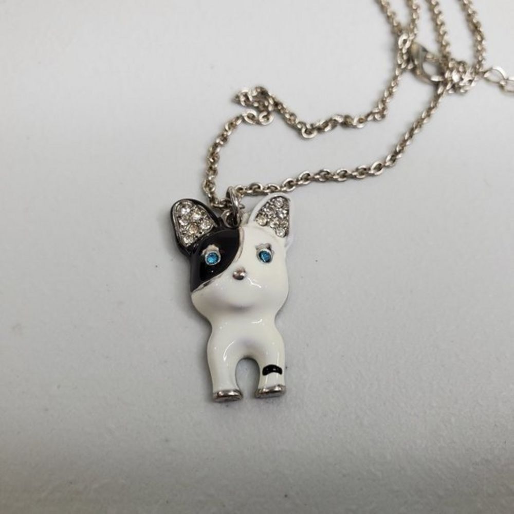 French Bulldog Necklace Dog Frenchie Black White Rhinestone Chain Silver Tone